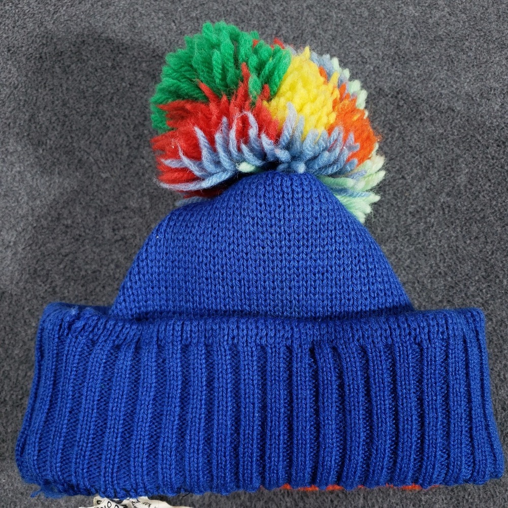 Smiley 100% Wool Beanie Toque Ski Pom Pom Hat Blue Rainbow - Picture 6 of 7
